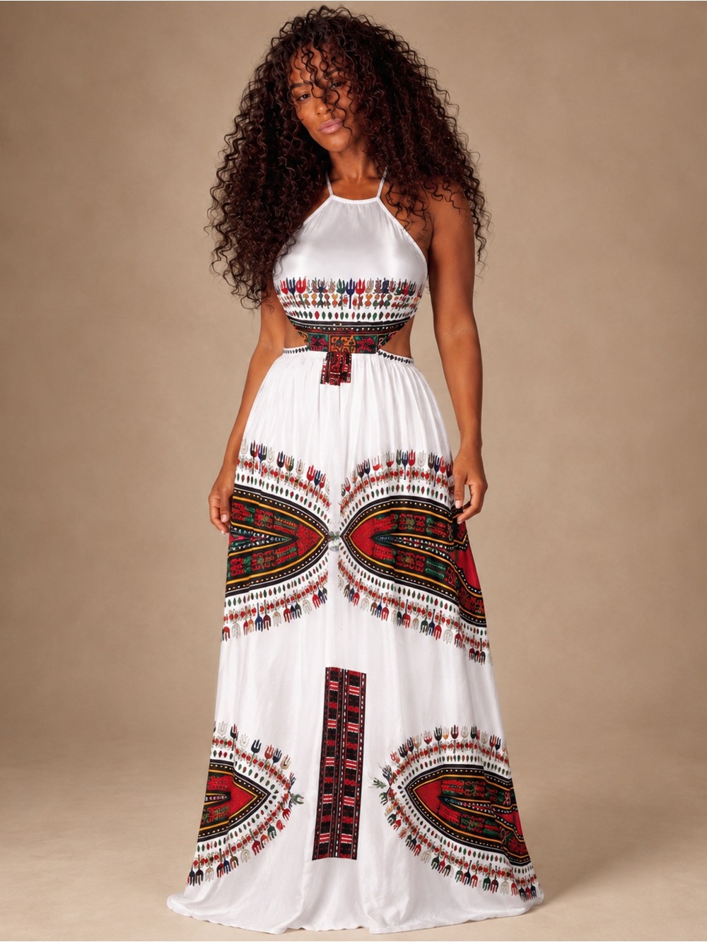 Bohemian Maxi Dress Women’s Plus 1XL White Dashiki Print Halter Cutout Dress